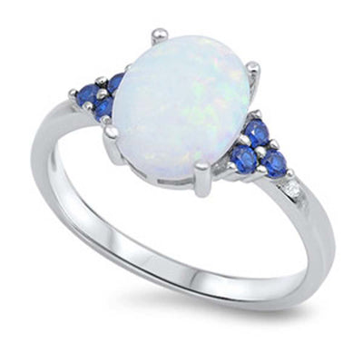 Sterling Silver White Lab Opal Ring with Blue Sapphire And Ring Face Height of 10MM