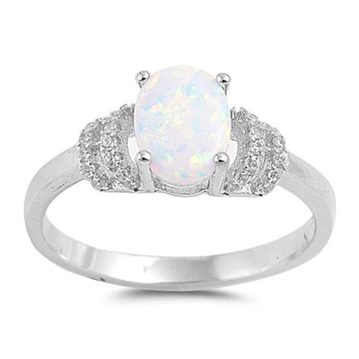 Sterling Silver Oval Shape White Lab Opal Rings With Clear CZ StonesAnd Face Height 8mm