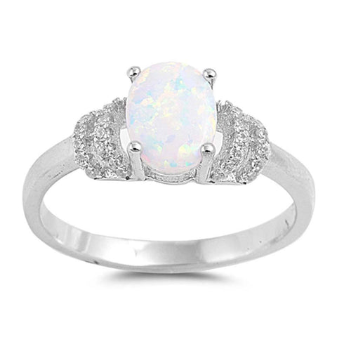 Sterling Silver Oval Shape White Lab Opal Rings With Clear CZ StonesAnd Face Height 8mm