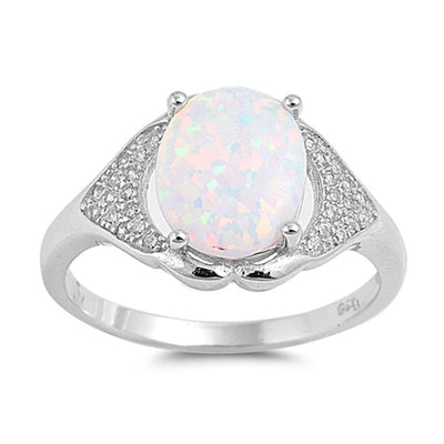 Sterling Silver Oval Shape White Lab Opal Rings With Clear CZ StonesAnd Face Height 12mm