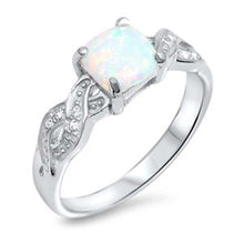 Load image into Gallery viewer, Sterling Silver Clear Cz Braided Band Ring wit a Prong-Set White Lab Opal in the CenterAnd Ring Face Height of 8MM