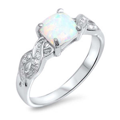 Sterling Silver Clear Cz Braided Band Ring wit a Prong-Set White Lab Opal in the CenterAnd Ring Face Height of 8MM