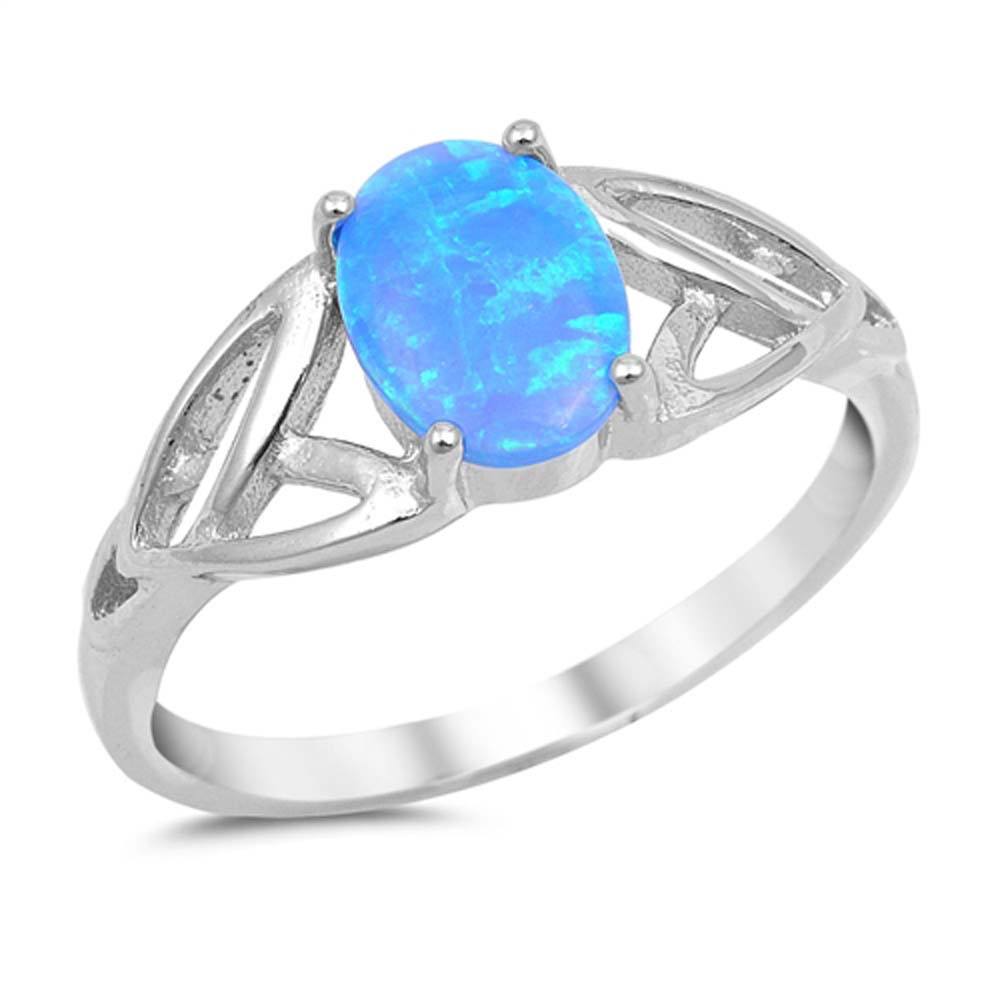 Sterling Silver Stylish Heart Design Ring with 4 Prong Set Oval Blue Lab Opal in the CenterAnd Ring Face Height of 8MM