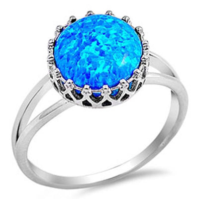 Sterling Silver Fancy Pronged Round Cut Blue Lab Opal Ring with Face Height of 12MM