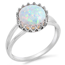 Load image into Gallery viewer, Sterling Silver Fancy Pronged Round Cut White Lab Opal Ring with Face Height of 12MM