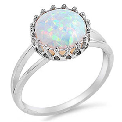 Sterling Silver Fancy Pronged Round Cut White Lab Opal Ring with Face Height of 12MM
