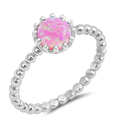 Sterling Silver Round Shaped Pink Lab Opal Ring