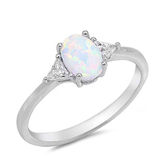 Sterling Silver Oval Shape White Lab Opal Rings With CZ Stones