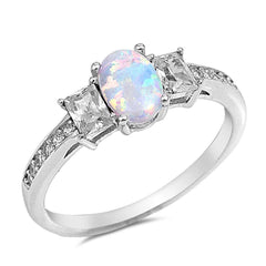 Sterling Silver Oval Shape White Lab Opal Rings With CZ StonesAnd Face Height 7mm