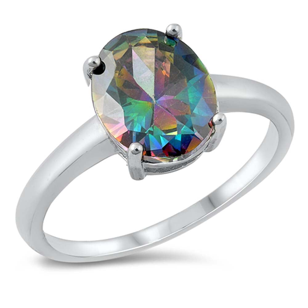 Sterling Silver Oval 10mm Rainbow Topaz Cubic Zirconia Ring