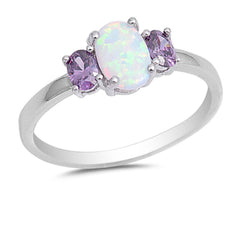 Sterling Silver Oval Shape White Lab Opal Rings With Syntactic Amethyst CZAnd Face Height 7mm
