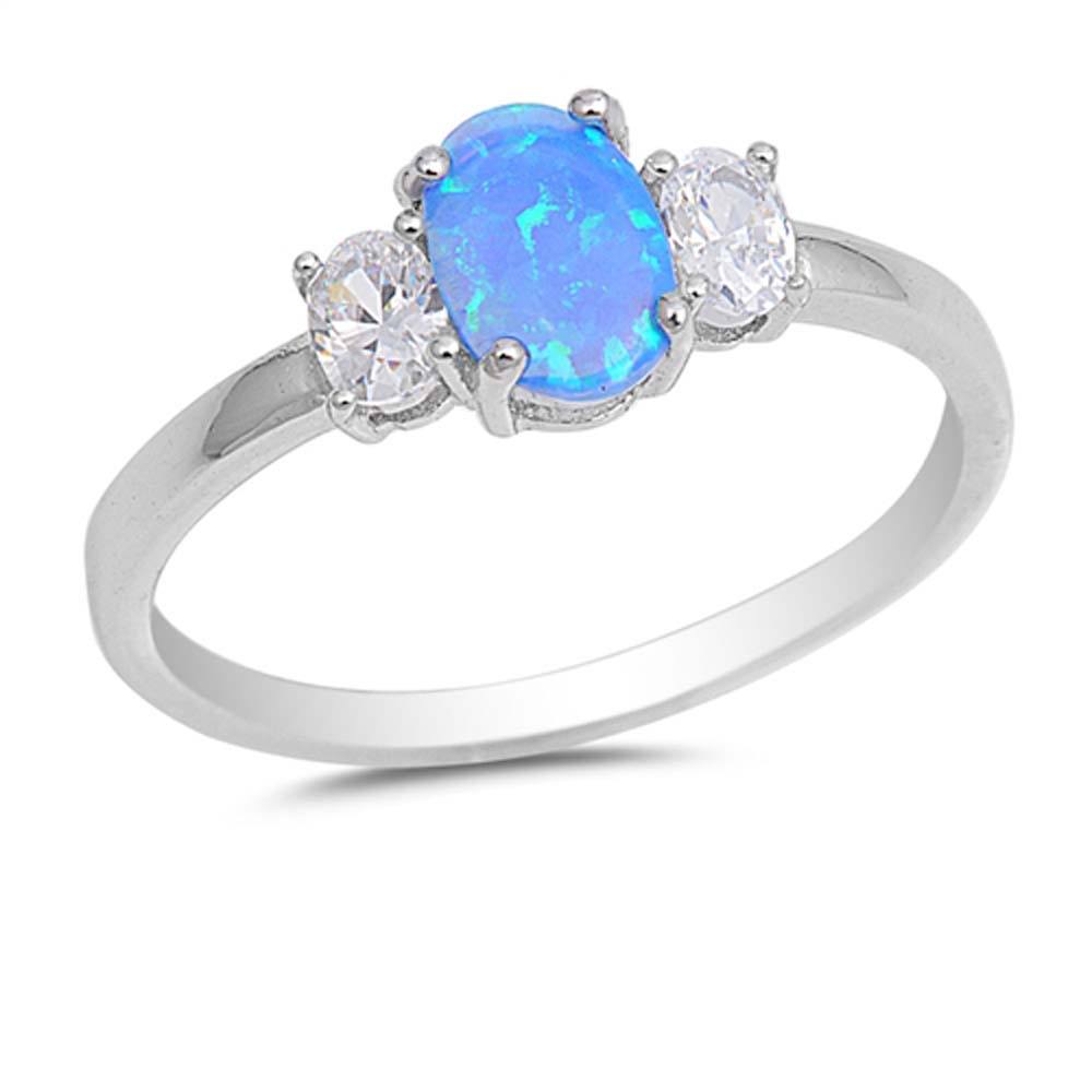 Sterling Silver Oval Shape Blue Lab Opal Rings with Clear CZ Stones, Face Height 7mm