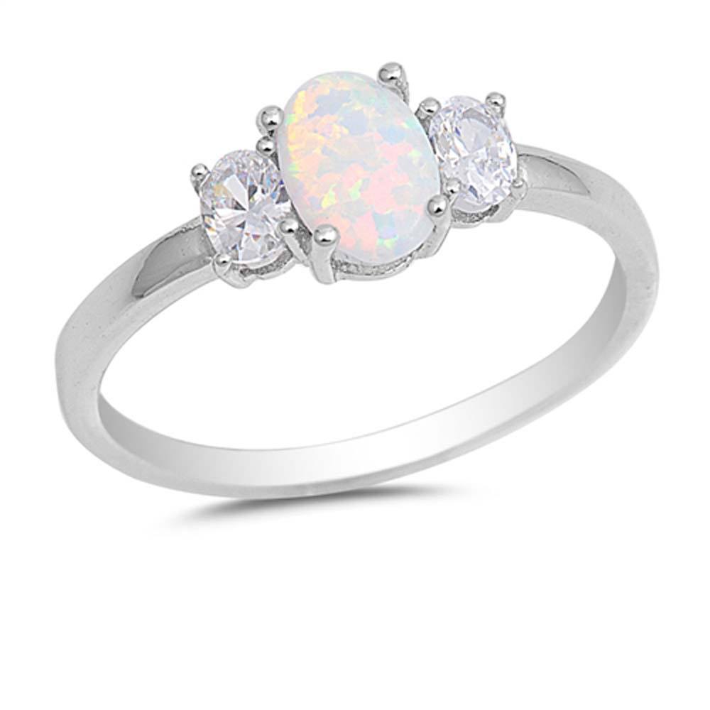Sterling Silver Oval Shape White Lab Opal Rings with Clear CZ Stones, Face Height 7mm