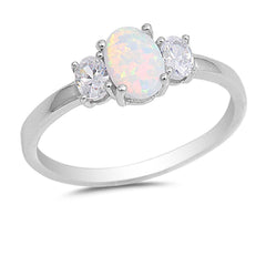 Sterling Silver Oval Shape White Lab Opal Rings With Clear CZ StonesAnd Face Height 7mm