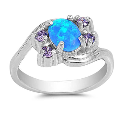 Sterling Silver Oval Shape Blue Lab Opal Rings With Amethyst CZAnd Face Height 10mm