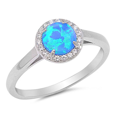Sterling Silver Round Blue Lab Opal Rings With CZ StonesAnd Face Height 8mm