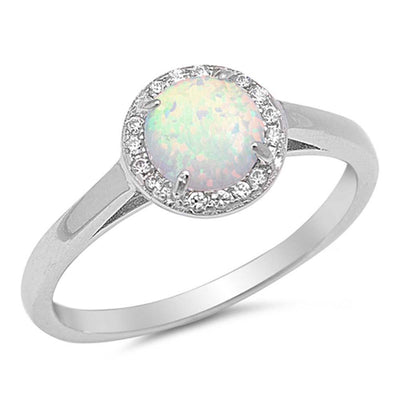 Sterling Silver Round White Lab Opal Rings With CZ StonesAnd Face Height 8mm