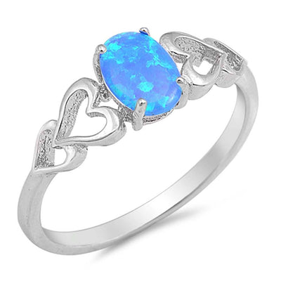 Sterling Silver Double Heart Oval Shape Blue Lab Opal Rings, Face Height 7mm