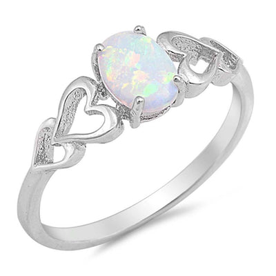 Sterling Silver Double Heart Oval Shape White Lab Opal Rings, Face Height 7mm