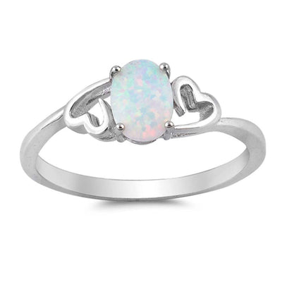 Sterling Silver Heart With Oval Shape White Lab Opal RingsAnd Face Height 7mm