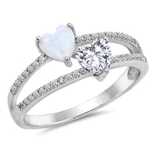 Load image into Gallery viewer, \r\nSterling Silver Ring with One Heart Shaped white Lab Opal and One Heart shape Clear CZ Stone CenterAnd Face Height of 9 mm