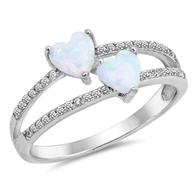 \r\nSterling Silver Ring with two Heart shape white Lab Opal Stones and Clear CZ BandsAnd Face Height of 9 mm