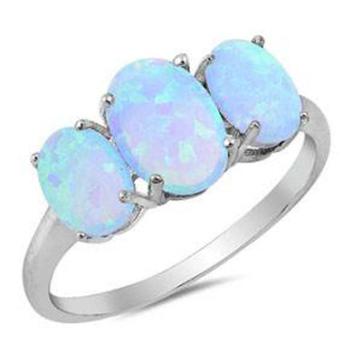 Sterling Silver Three Oval Shapes Light Blue Lab Opal RingsAnd Face Height 9mm