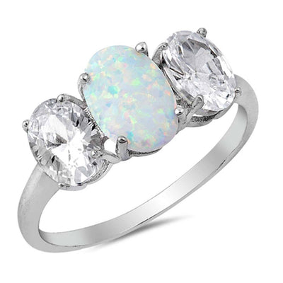 Sterling Silver White Lab Opal Stone with Clear CZ Stones RingAnd Face Height of 9 mm