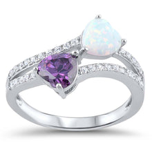 Load image into Gallery viewer, Sterling Silver White Lab Opal and Amethyst CZ Hearts Ring and Face Height of 13 mm