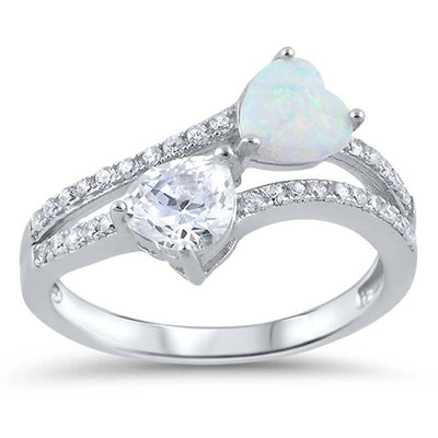 Sterling Silver White Lab Opal Stone and Clear CZ Stone Hearts Ring and Face Height of 13 mm
