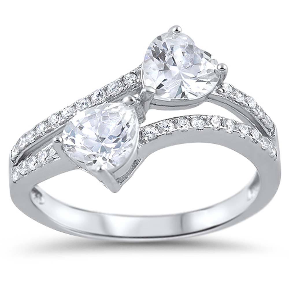 Sterling Silver Clear CZ Hearts Ring and Face Height of 13 mm