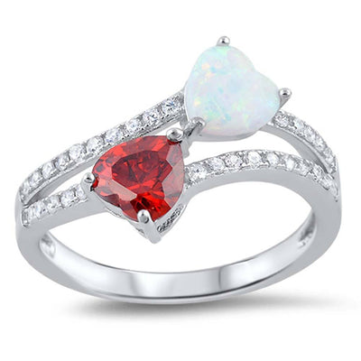 Sterling Silver White Lab Opal and Garnet CZ Hearts Ring and Face Height of 13 mm