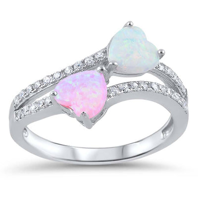 Sterling Silver Hearts Ring with Pink and White Lab Opal Stones and Face Height of 13 mm