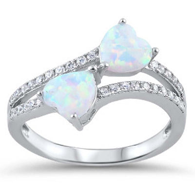 Sterling Silver White Lab Opal Stone with Clear CZ Hearts Ring and Face Height of 13 mm