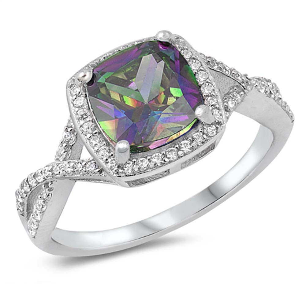 Sterling Silver Square With Rainbow Topaz And Cubic Zirconia Ring