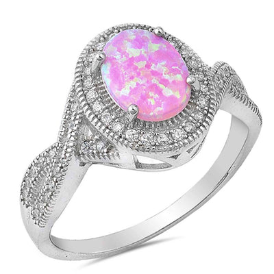 Sterling Silver Oval Pink Lab Opal Rings With CZ StonesAnd Face Height 13mm