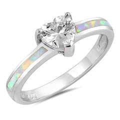 Sterling Silver White Lab Opal Ring with Heart Shape Clear CZ Center And Face Height of 7 mm