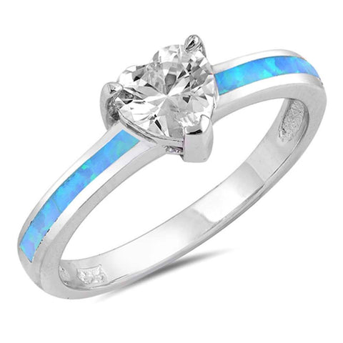 \r\nSterling Silver Blue Lab Opal Ring with Heart Shape Clear CZ CenterAnd\r\nFace Height of 7 mm