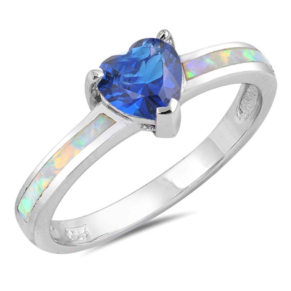 \r\nSterling Silver White Lab Opal Ring with Heart Shape Blue Sapphire CZ CenterAnd\r\nFace Height of 7 mm
