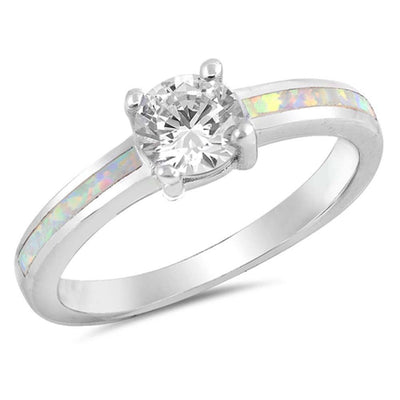 Sterling Silver White Lab Opal Band with Clear CZ StoneAnd Face Height of 6 mm