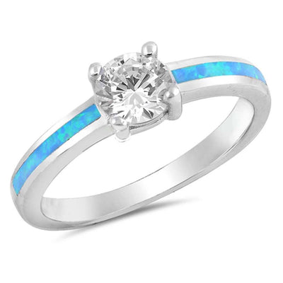 Sterling Silver Blue Lab Opal Band with Clear CZ StoneAnd Face Height of 6 mm