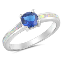 Load image into Gallery viewer, Sterling Silver White Lab Opal BandAnd Blue Sapphire CZ StoneAnd Face Height of 6 mm