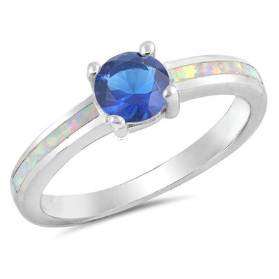 Sterling Silver White Lab Opal BandAnd Blue Sapphire CZ StoneAnd Face Height of 6 mm