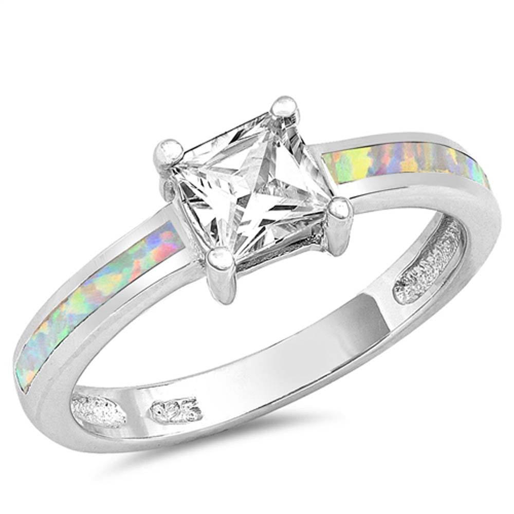 Sterling Silver White Lab Opal Ring with Square Clear CZ CenterAnd Face Height of 9 mm