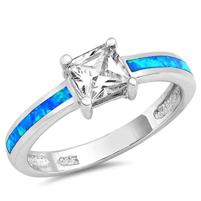Sterling Silver Blue Lab Opal Ring with Square Clear CZ Center And Face Height of 9 mm