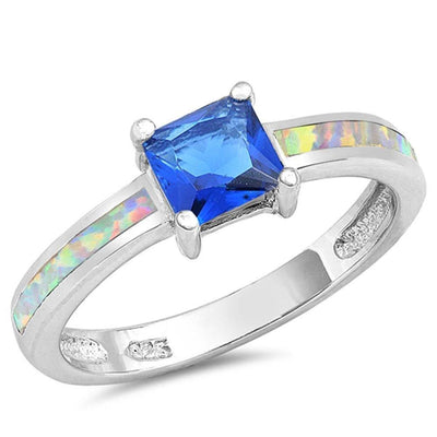 Sterling Silver White Lab Opal Ring with Square Blue Sapphire CZ Center And Face Height of 9 mm