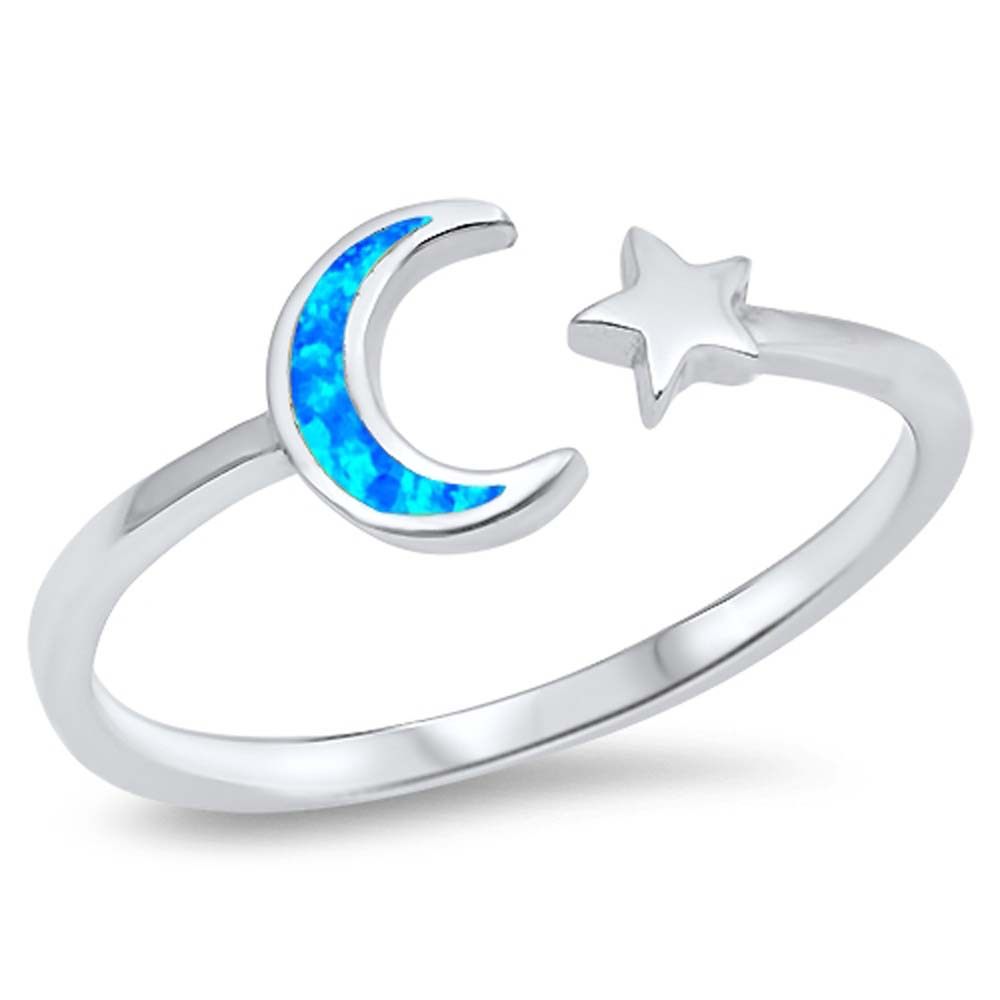 Sterling Silver Moon And Star Blue Lab Opal Rings, Face Height 8mm
