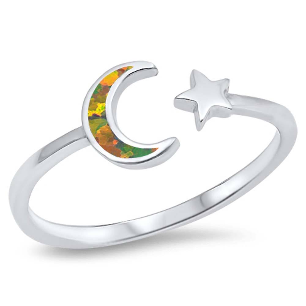 Sterling Silver Moon And Star Shaped Black Lab Opal Ring With Clear CZ