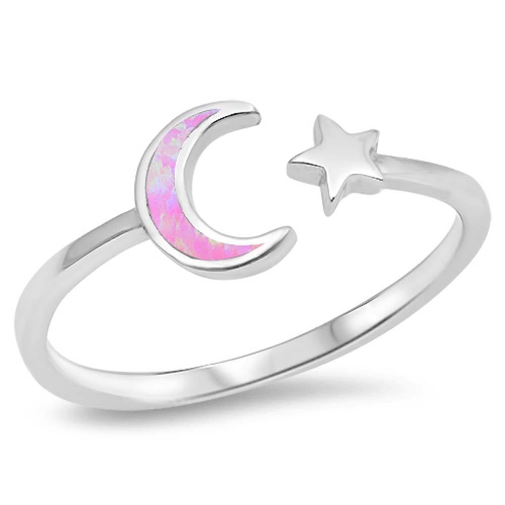 Sterling Silver Moon and Star Shaped Pink Lab Opal Rings, Face Height 8mm