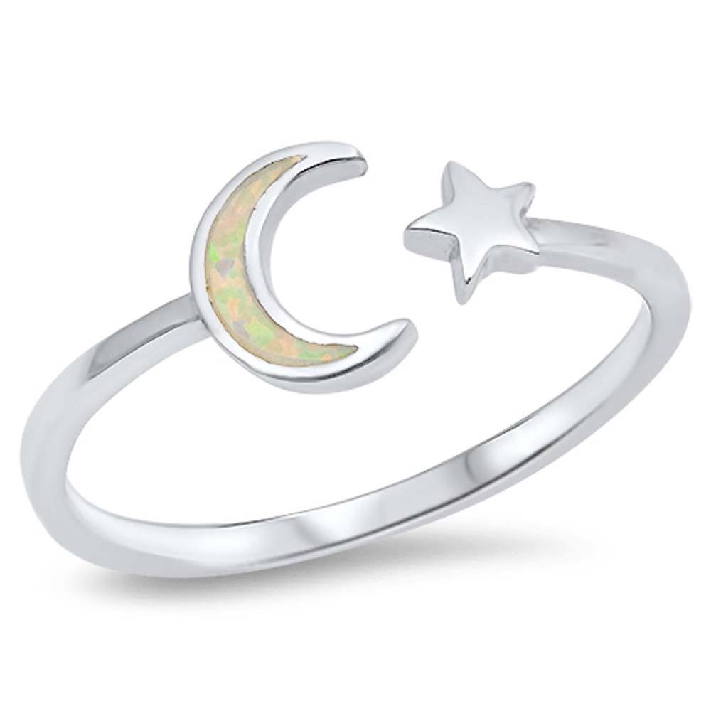 Sterling Silver Moon and Star White Lab Opal Rings, Face Height 8mm